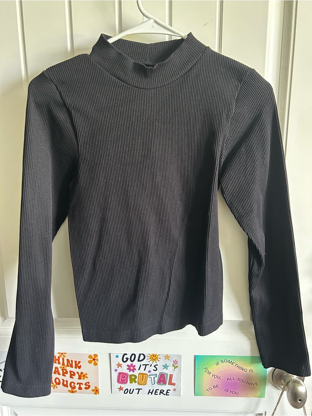 Aura Black Ribbed Mock Neck Long Sleeve Top